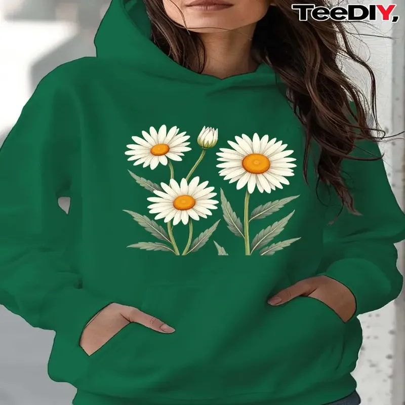 

Fall Winter Women Plus Size Sweatshirt Female Oversize Clothes Botanical Daisy Flower Pattern Street Style Pure Cotton Fabric