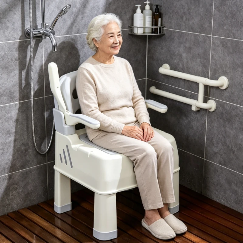 Home Furniture 2 in 1 Bedside Commode Chair Shower Seat Height Adjustable Toilet Chair with Shower Head Stand for Adults Seniors