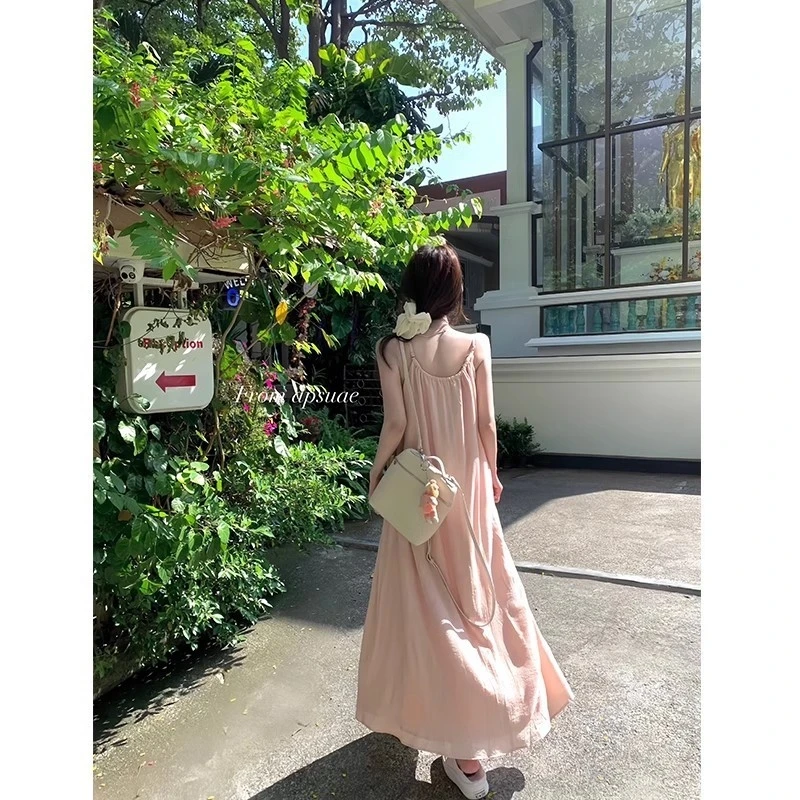 Dresses Spring Summer Basics Daily Folds Plain Sleeveless Scoop Neck Maxi Cami Vacation Dresses For Women