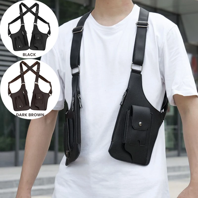 

Multi-Pocket Double Shoulder Strap Chest Bag Outdoor Anti-Theft Tactical Bags Waterproof PU Multi-Purpose Men's Crossbody Bag