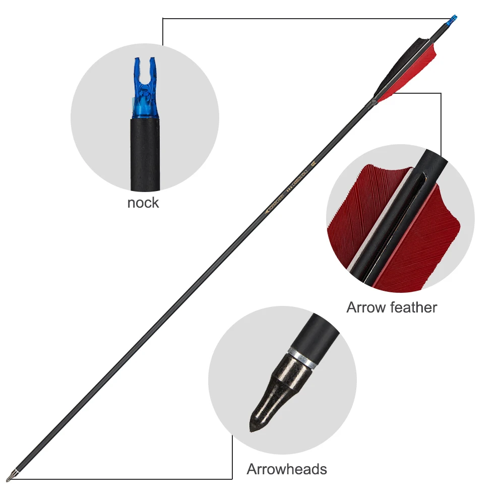 Flecha de tiro con arco, Flecha de carbono, columna vertebral de 31,5 pulgadas, 500 con pluma Real de 4 pulgadas, accesorios de caza para tiro al