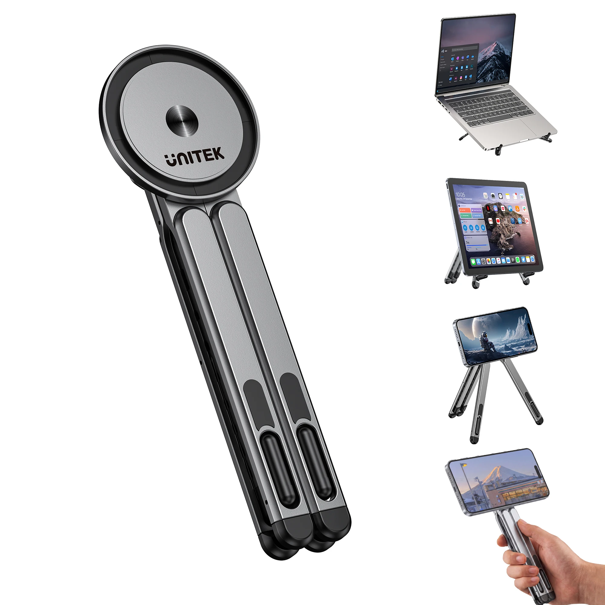 Novo Suporte Magnético Portátil Mag-Fold com 8 Alturas Ajustáveis, Estabilizador Dobrável de Alumínio para iPhone, iPad e Laptops de 13-16 Polegadas