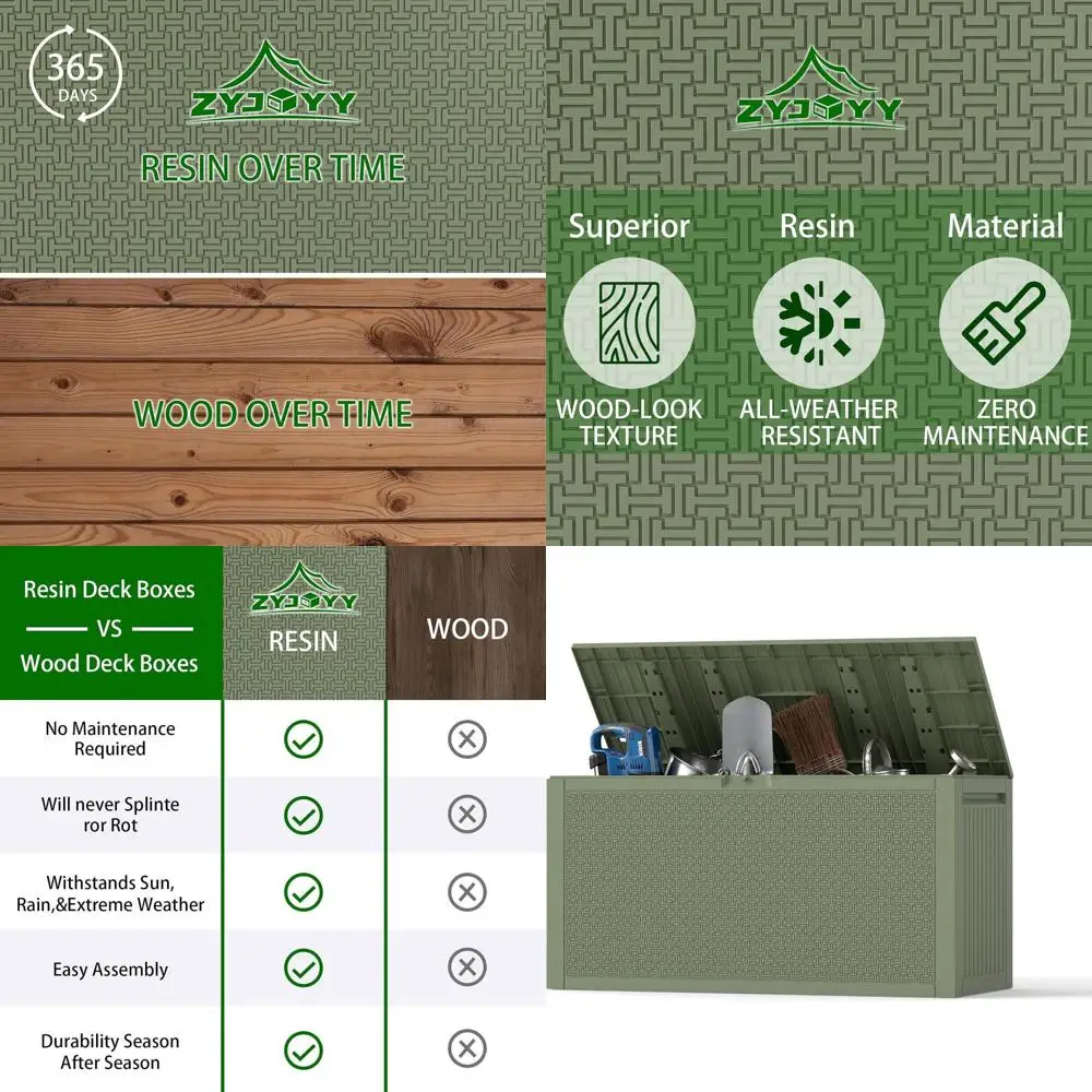 

Ящик для хранения на открытом воздухе с замком, 90 галлонов, устойчивый к УФ-излучению, водонепроницаемый, оливково-зеленый, идеально подходит для садовых подушек и инструментов.