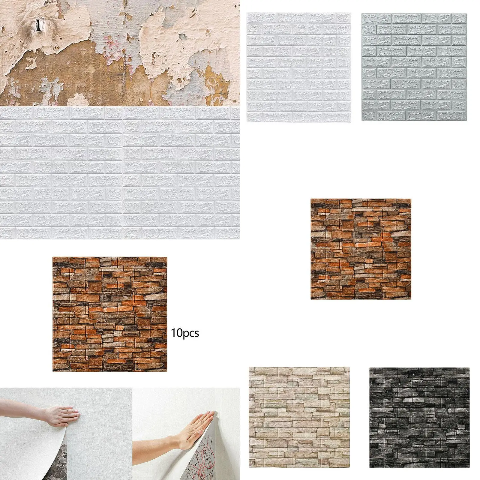 

10 Pieces 3D Wall Panels Wallpaper 3D Brick Art Decor Self Sticky Modern Home