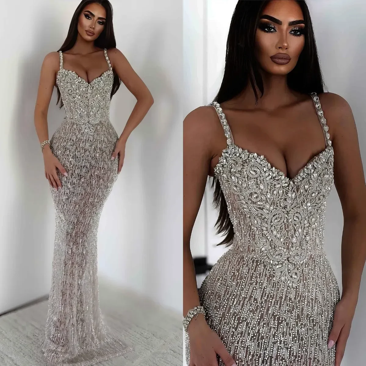 

Gorgeous Crystal Prom Dresses Elegant Beaded Spaghetti Straps Evening Dress Floor Length Rhinestones Party Gown Customized