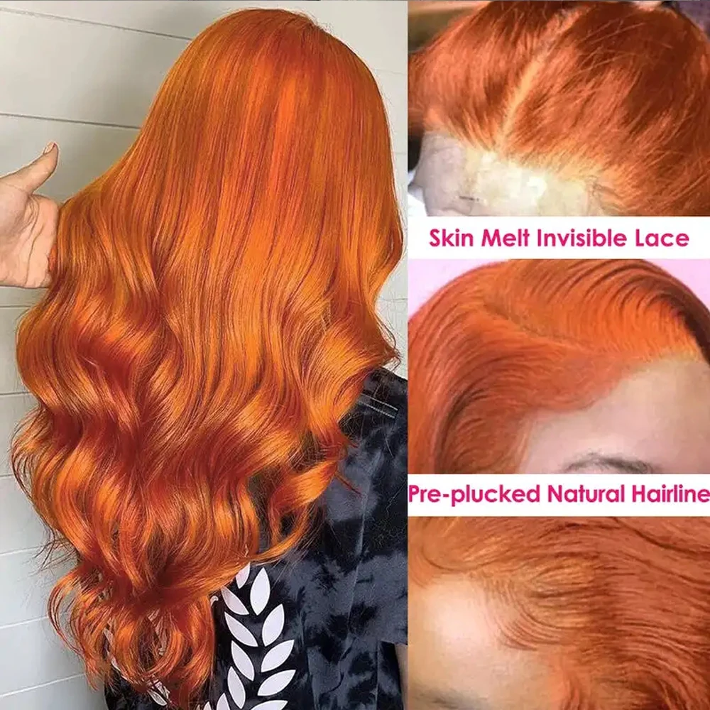 em 350 Body Wave Lace Frontal Wigs Human Hair 200% Ginger Orange Brazilian Glueless 13x4 Lace Front Human Hair Wigs For Black Women