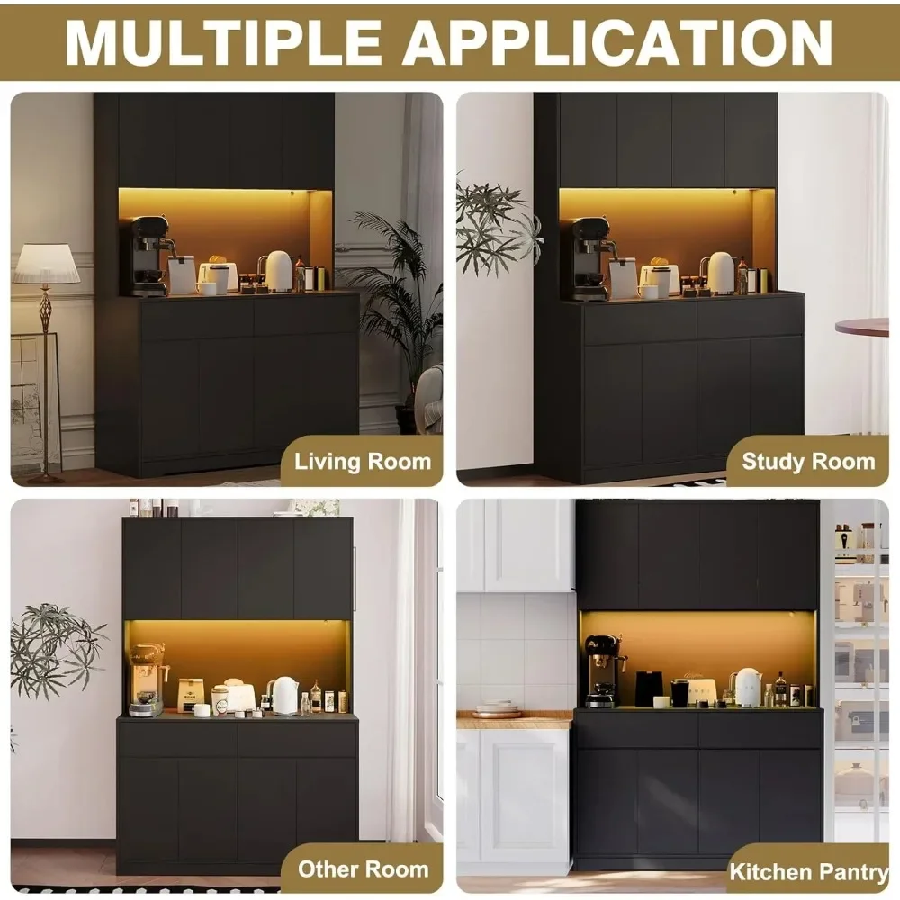 

Modern LED Coffee Bar Cabinet with Charging Station, 71'' Tall Kitchen w/ 8-Door Storage Cabinets&2 Drawers 4Adjustable Shelves