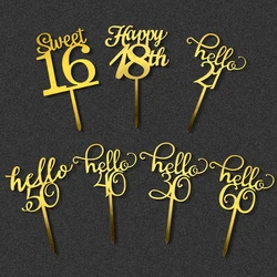 5pcs  hello 30 40 50 60 cake Topper Gold Sweet 16 Happy 18th cake Topper for Birthday party cake decoration