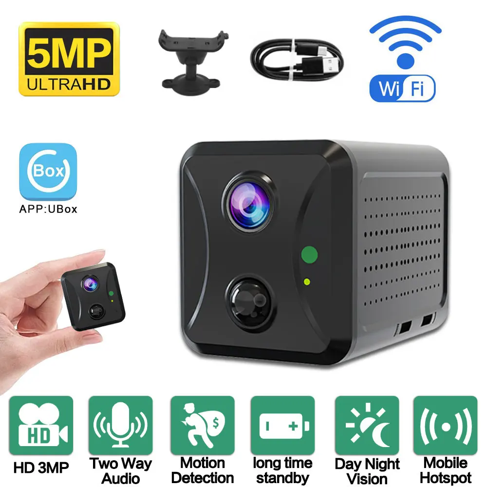 Cámara de seguridad HD Wifi de 5MP para interiores, cámara de videovigilancia CCTV inalámbrica recargable con batería, Audio IP bidireccional