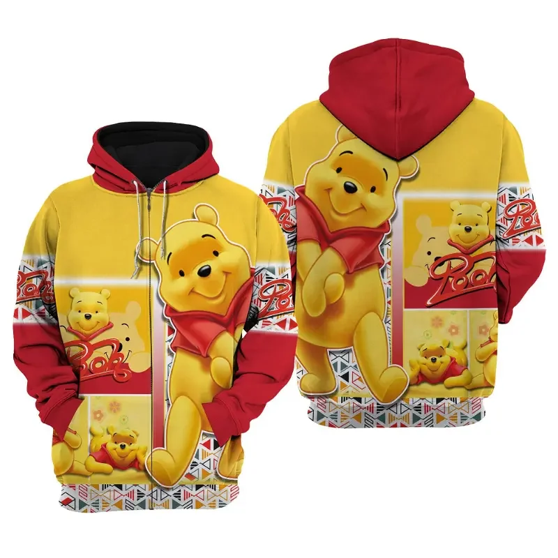 Yellow Pooh Winnie The Pooh Disney Cartoon Graphic Outfits Clothing Men Women Kids 3D All Over Print Zipper Hoodie