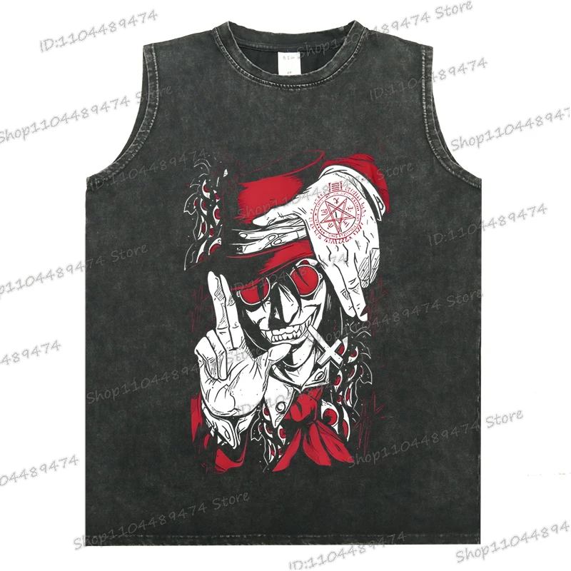 

2025 Japanese Anime Hellsing Tops Men Sleeveless Fashion Manga Ultimate Vampire Graphic washed Tshirt Unisex Cotton Hellsing Tee