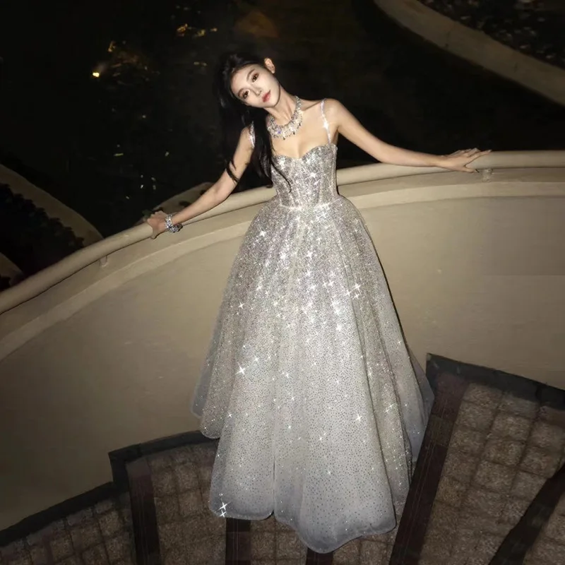 

Angelsbridep Glitter Shiny A-line Prom Gown Spaghetti Straps Sequined Women Lady Sexy Formal Evening Dress Vestido De Novia