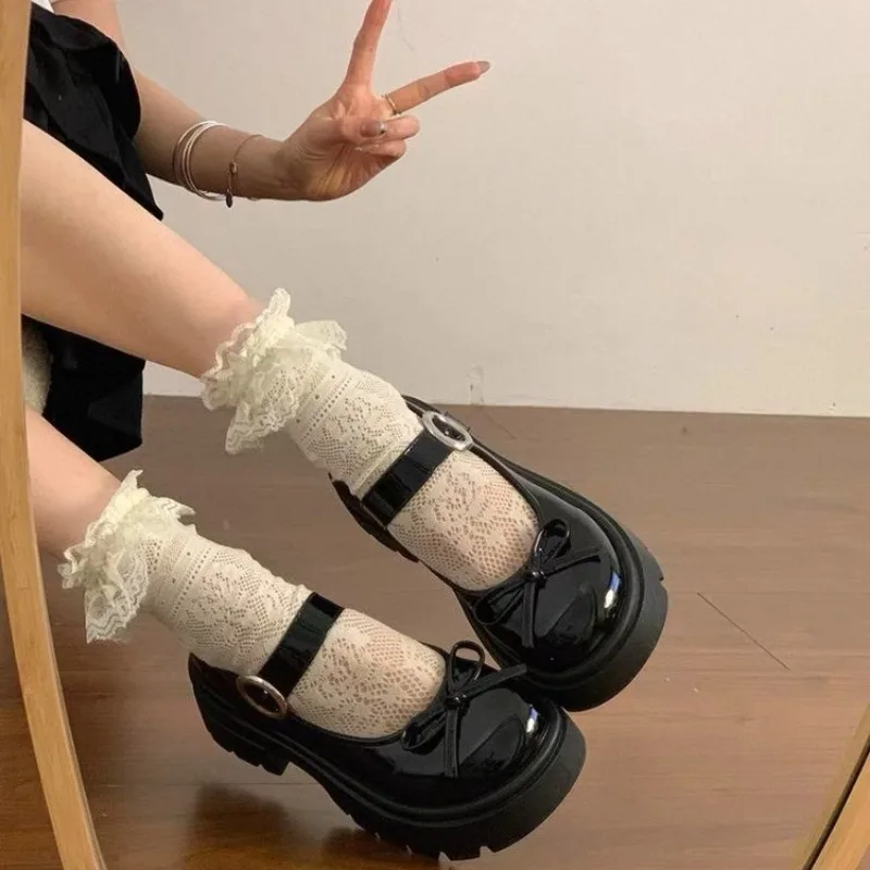 Mary Jane Single Shoes Fashion Round Toe Shallow Mouth Bow One Strap Platform Non-Slip Kitten Heel