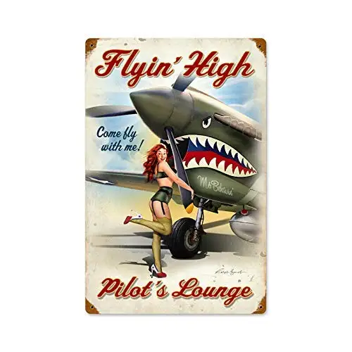 Kalynvi Vintage Style Metal Tin Sign 8x12inch Pinup Girl Flying High Garage Home Kitchen Bar Pub Hotel Wall Decor Signs