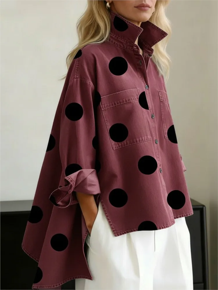 

Women Vintage Irregular Loose Blouses Spring Fall Print Imitation Denim Lapel Slit Pockets Casual Tops Women Shirts Streetwear