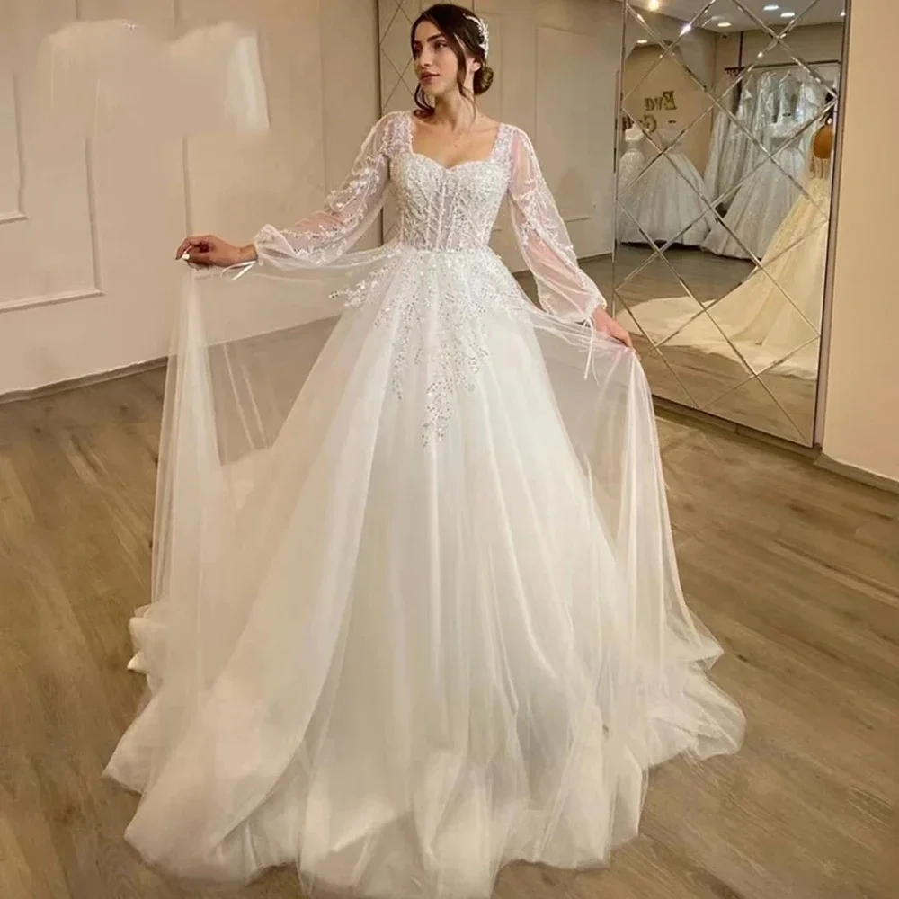 

Fluffy Long Sleeves Lace Appliques Square Neck Mopping Wedding Dresses White Fascinating Elegant Bridal Gowns For Women 2024