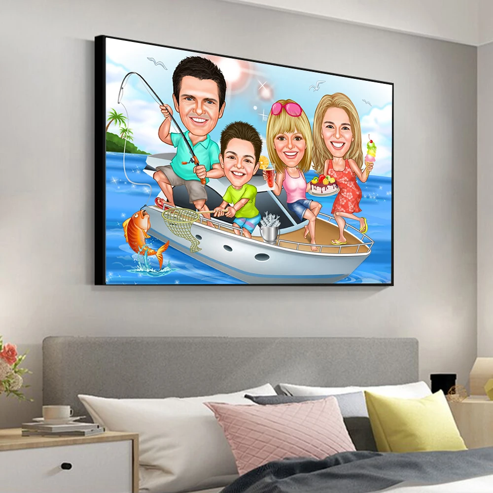 Family Cartoon Portrait Poster Custom Cartoon Family Portrait Poster Personalized Caricature Prints Birthdays Canvas Painting