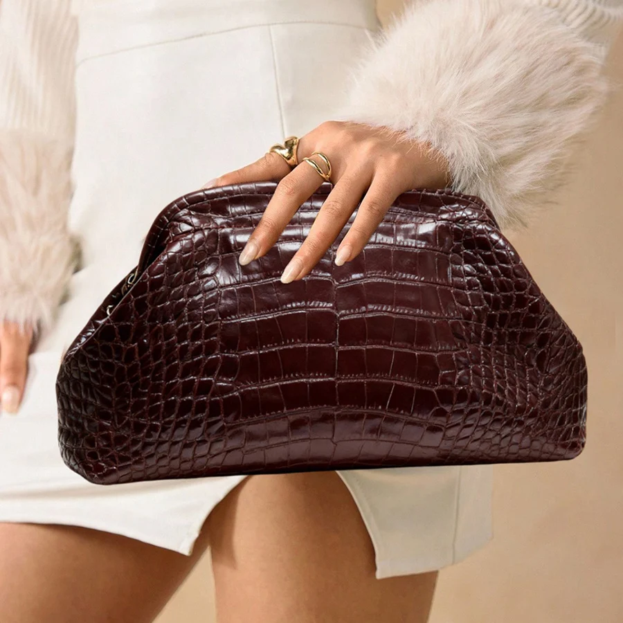 Vintage Artificial Leather Alligator Pattern Clutch Burgundy Cloud Bag Formal Dresses for Women Large Capacity Women Clip Purse