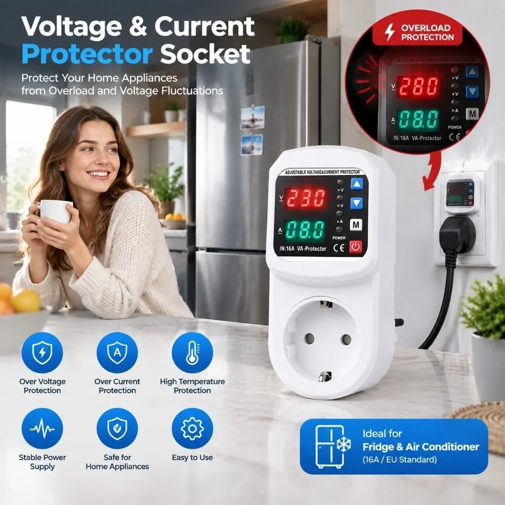Refrigerator Voltage Protector Adjustable 16A Current Protector Air Conditioner Overload Protection Surge Protection