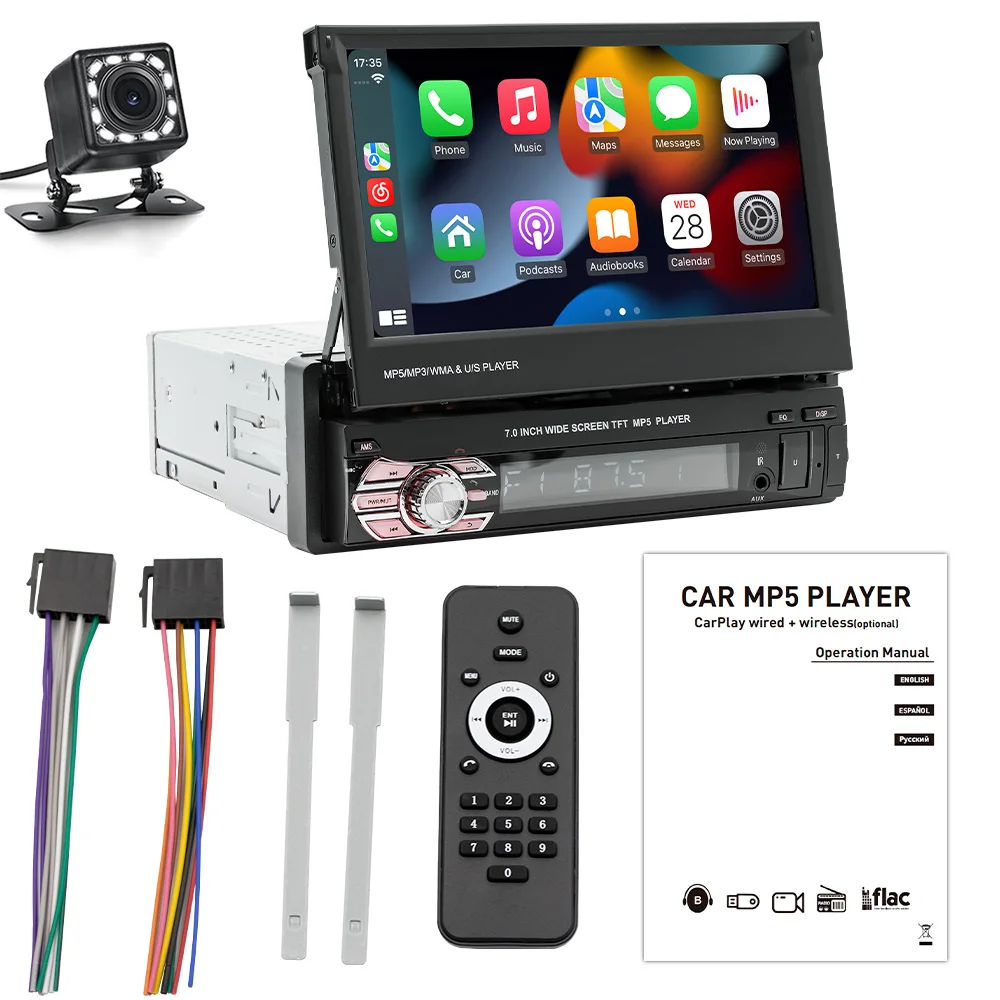 ESSGOO Enkele DIN 7Inch CarPlay Android Auto Universele Autoradio Radio Flip Out HD Touchscreen FM AM BT USB AUX Mirror Link SWC