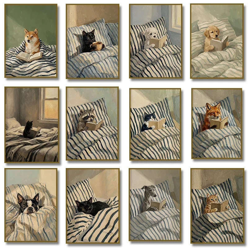 Canvas Painting De Perro, Zorro Y Mapache Lector De Libros En La Cama, De Gato Negro Bebiendo Café, Impresión De Arte De Pare