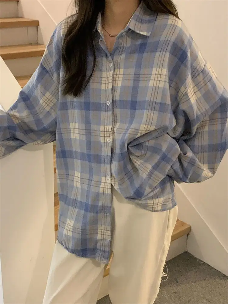 Zoki Korean Oversize Plaid Shirt Women Fashion Long Sleeve All Match Blouse Spring Preppy Style Turn Down Collar Casual Y2K Top