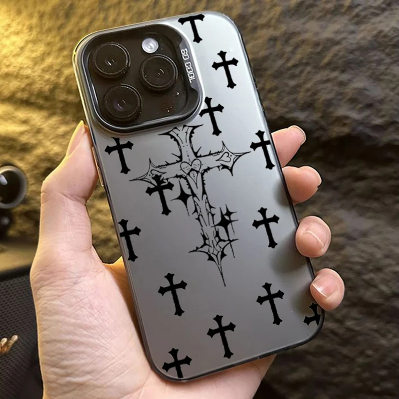 Phone Case For iPhone 15 14 11 12 13 Pro Max 7 8 Plus X XR XS Max SE 2020 2022 Black Cross Print Shockproof Electroplate Cover