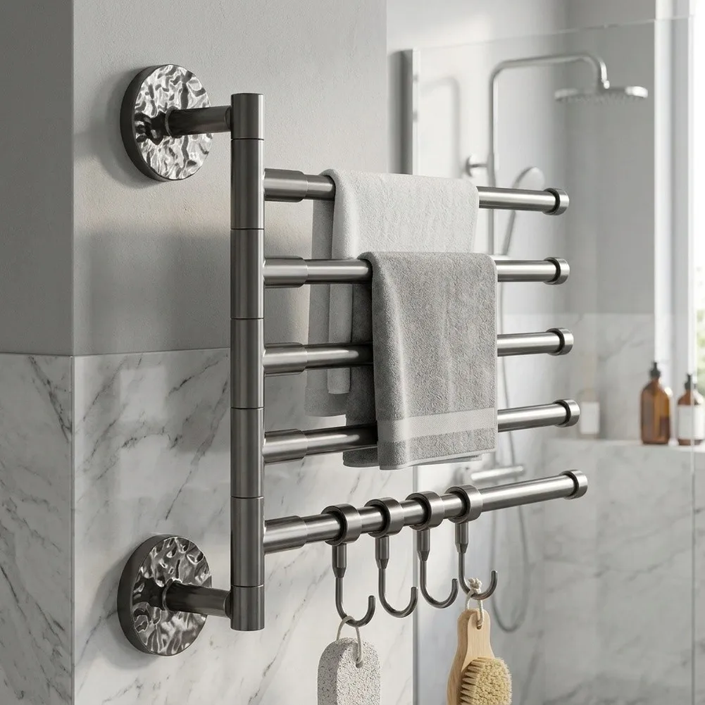 16 Inch Wall Mounted Swivel Towel Rack with Dual Screw Fixation for Tiles Flat Surfaces Strong Secure Installation