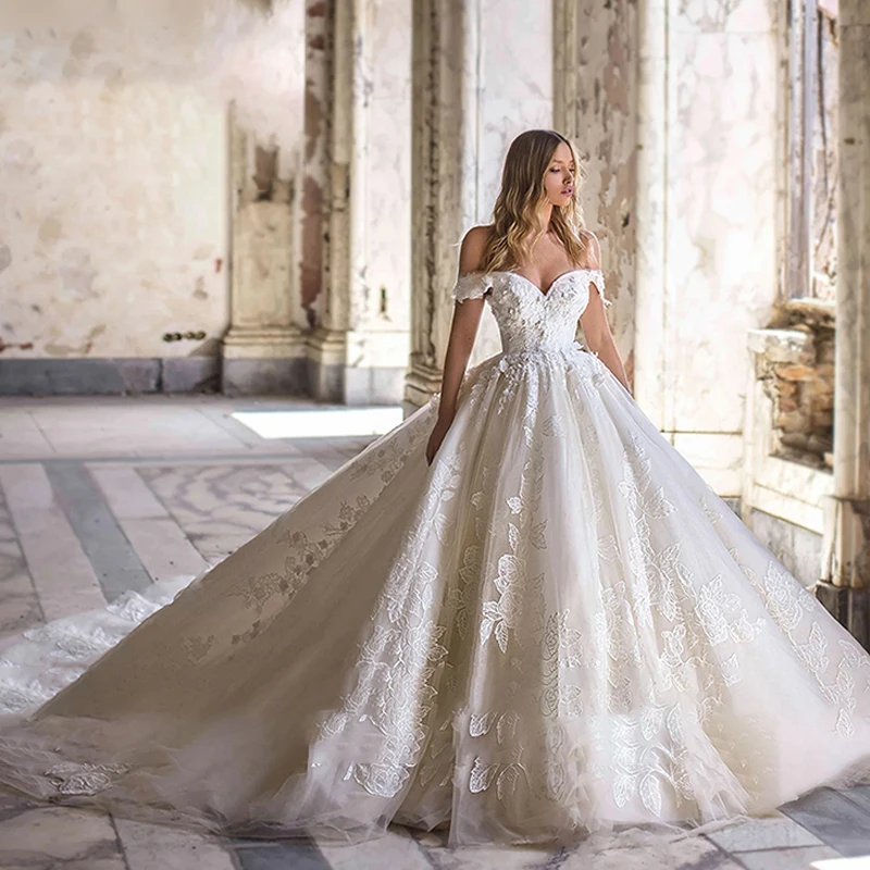 

Luxurious Wedding Dress Organza With Embroidery Lace Princess Ball Gown O-Neck Full Sleeve Bride Vestido De Novia Customized