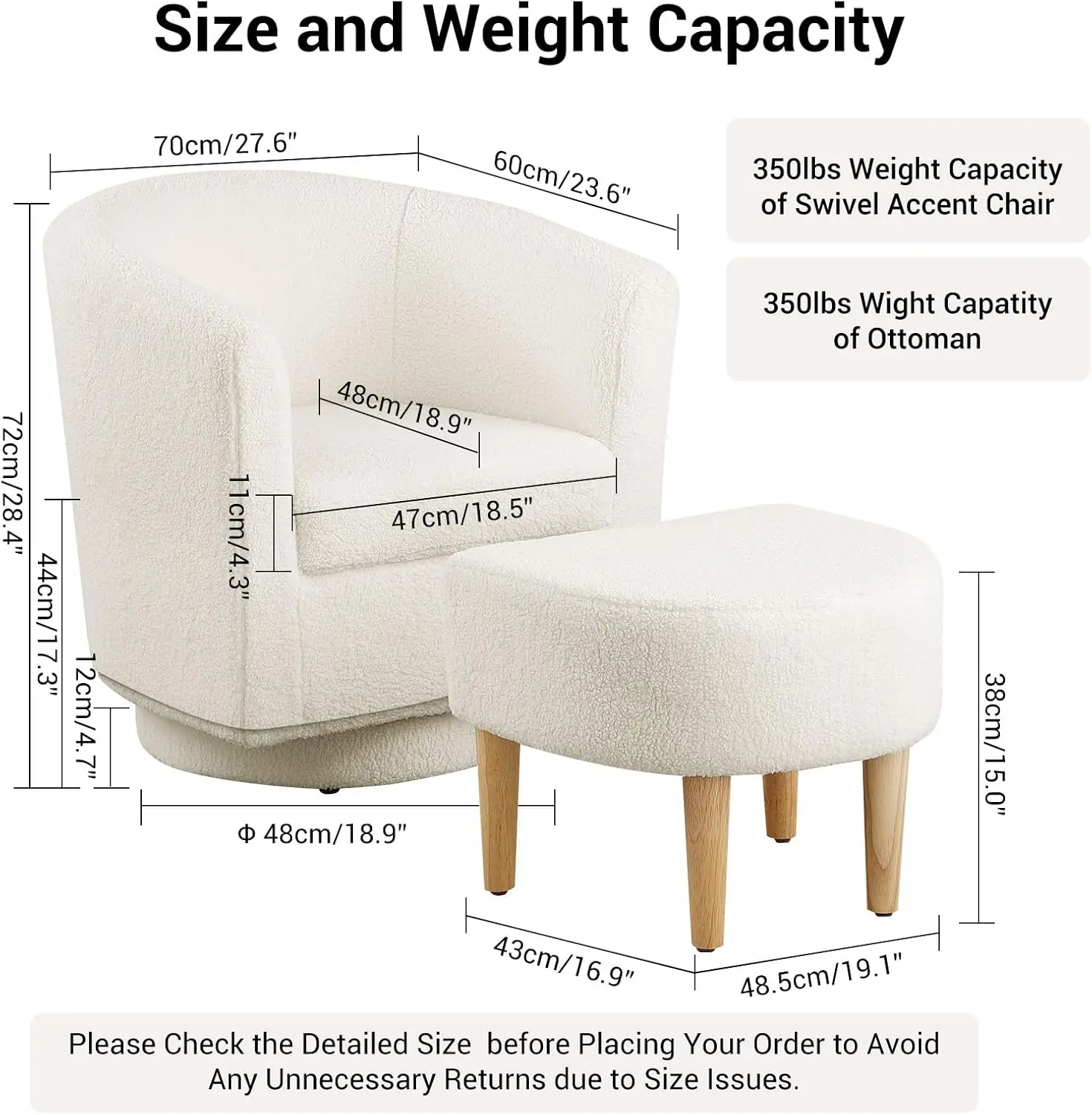 White Swivel Accent Chair Ottoman Modern Sherpa Barrel Armchair