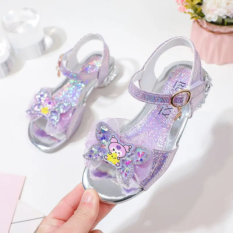 Anime Kawaii Sanrios Kuromi Girls Sandals French Soft Anti-Slip Sole Kids Crystal Shoes Cartoon Non-Slip Bow Princess Shoes Gift