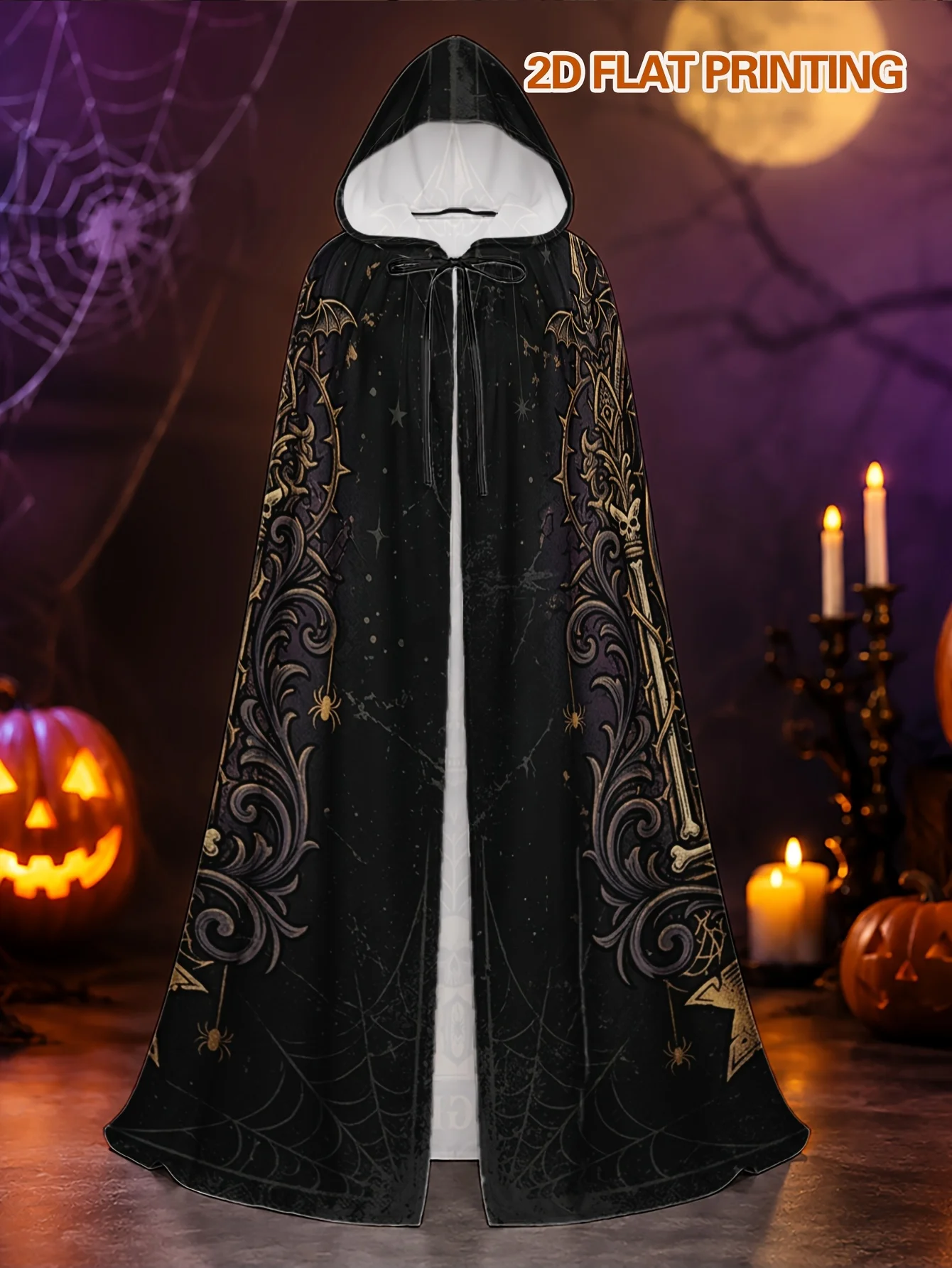 Customization 1pc Adult Hooded Cloak Robe With Bat & Spiderweb Design - Bat-Themed Witch Costume Suitable For Halloween Cosplay,