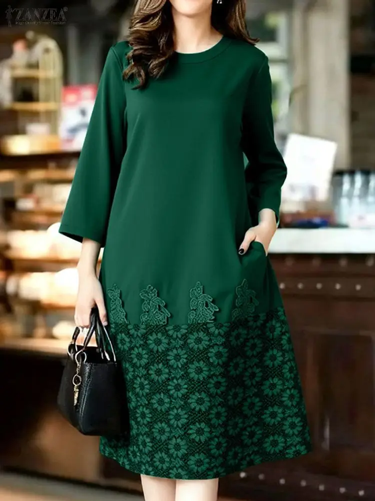 ZANZEA Frauen Stilvolle Spitze Patchwork Kleid 2025, Herbst Sommerkleid, Elegante O Hals Langarm Kleider Stilvolle Party Arbeit Midi Robe