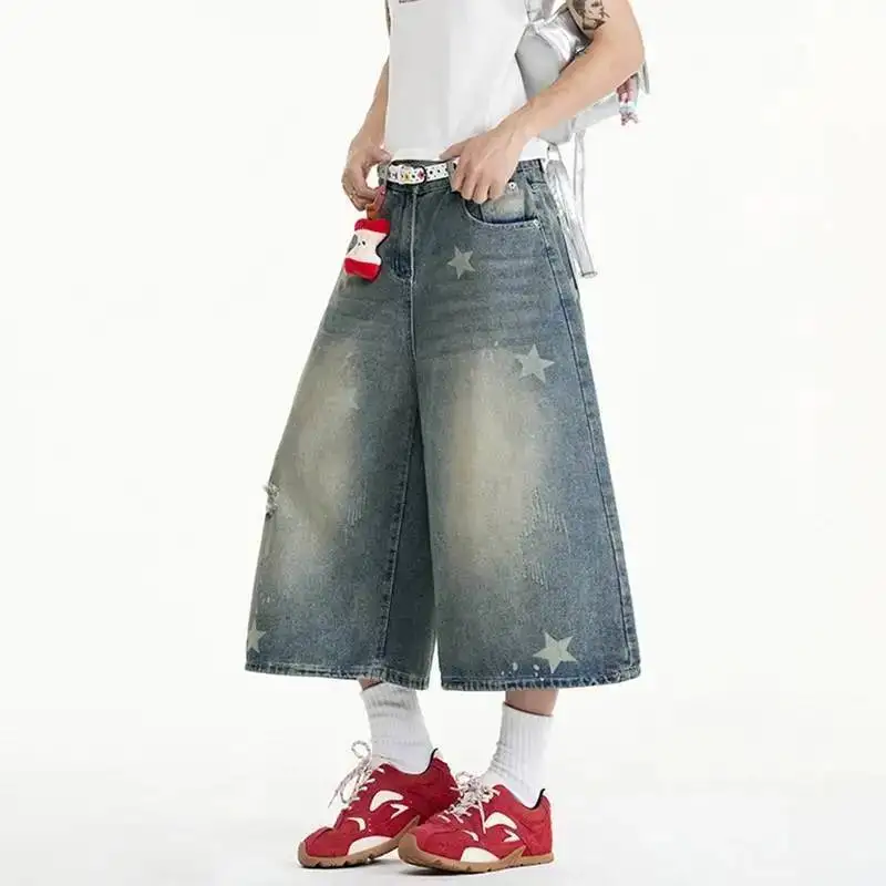 LUZHEN Gradient 2026 Summer Washed New Pentagram Vintage Printed Straight Cropped Denim Pants Men's Fashion Loose Jeans JY8158