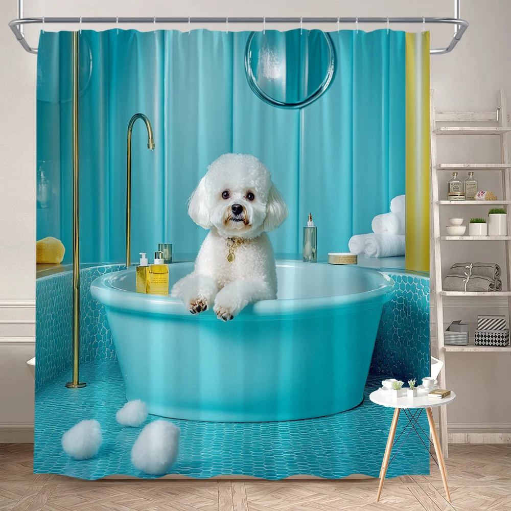 

Cute White Poodle In Bathtub Shower Curtain Funny Animal Art Bathroom Decor Pet Lover Design Waterproof Bath Curtain