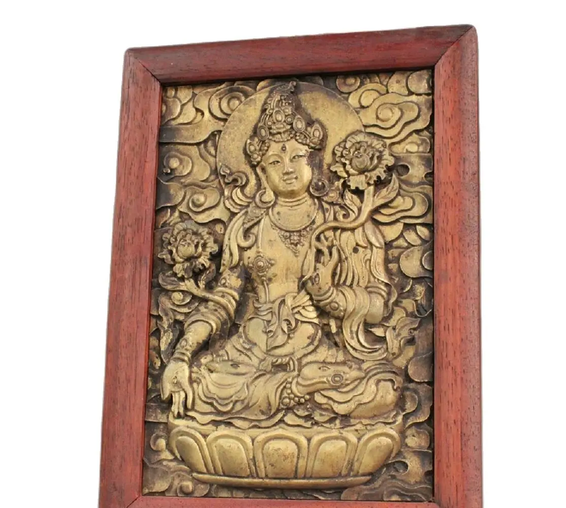 

36CM 12" Old Tibet Buddhism Wood Inlay Bronze White Tara Goddess Buddha Statue Tangka 30CM