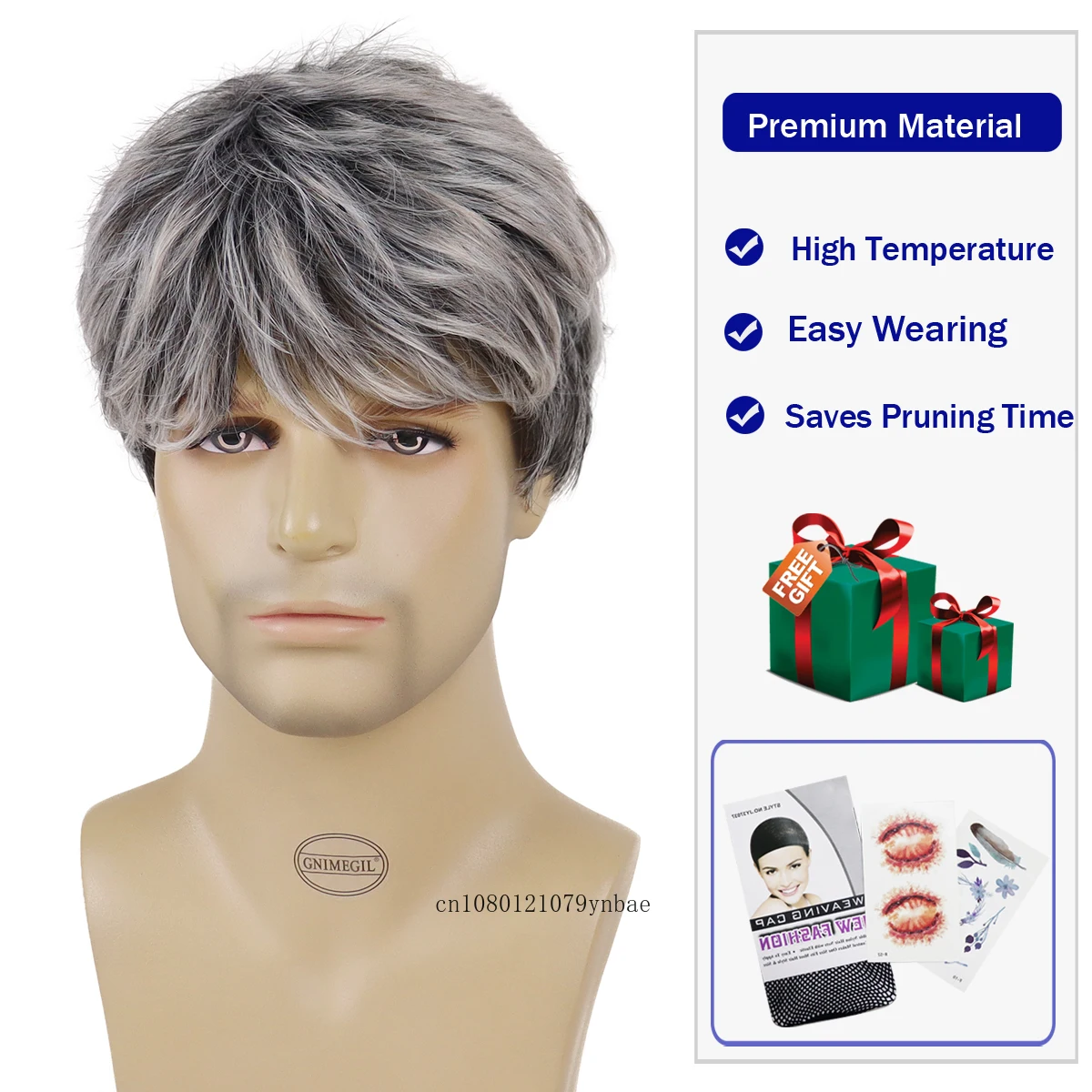 Male Mix Grey Wigs Synthetic Hair Short Wig with Bangs for Men Daddy Hairstyles Gifts Daily Cosplay Costume Party Heat Resistant