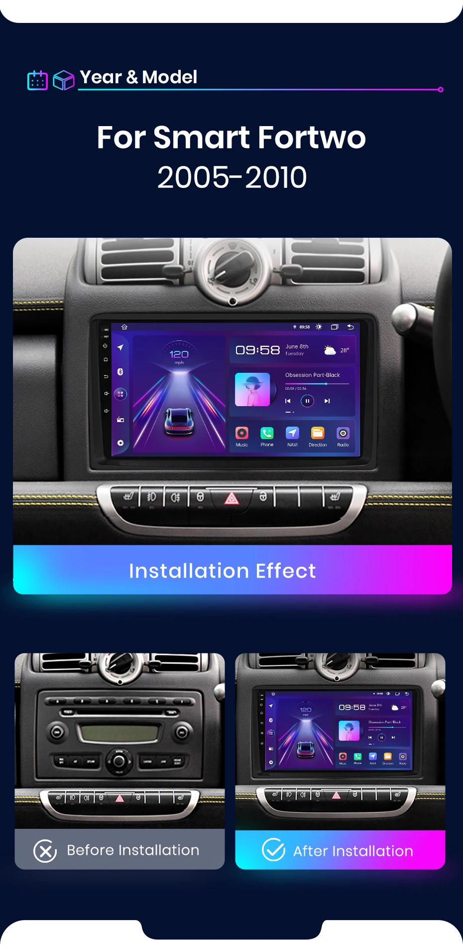 Junsun Carplay Android Auto Autoradio für Smart Fortwo 451 2005 - 2010 Intelligentes System Stereo Multimedia Autoradio ﻿ – Detail 3