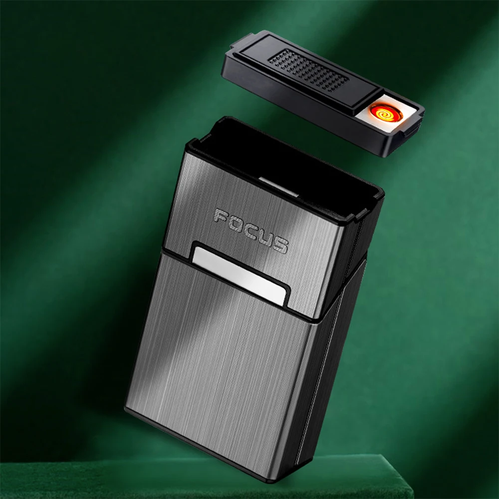 USB Double Arc Plasma Lighter, Automatic Cigarette Case, Moisture-Proof Metal Gadgets, Gift for Men, 20 Cigarette Case