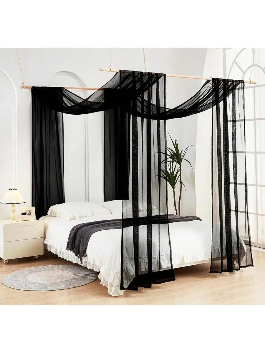 

Black Sheer Canopy Bed Curtains With Wooden Frame For Bedroom Decor