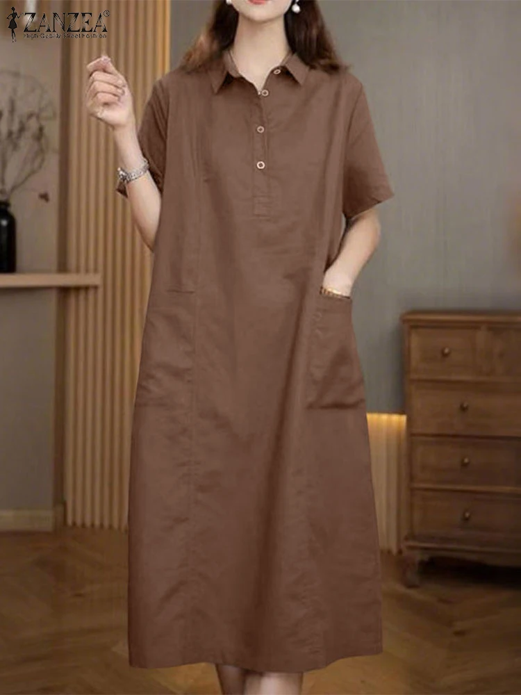ZANZEA-vestido veraniego para mujer, camisas Vintage, vestido holgado de manga corta de Color sólido, Vestidos con bolsillos y cuello de solapa para verano 2025