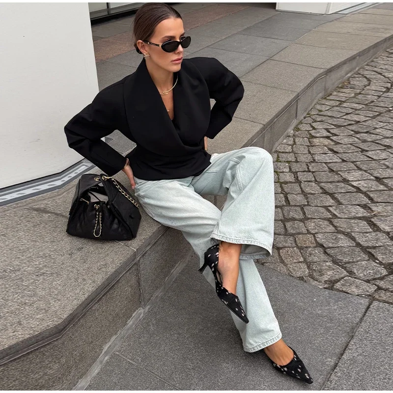Damen-Hosen-Sets, V-Ausschnitt, Langarm, Taillenbetonende Asymmetrische Mäntel, Hochgeschnittene Plissierte Hosen, Schicke Büro-Outfits für Damen, Neuheiten – Detail 14