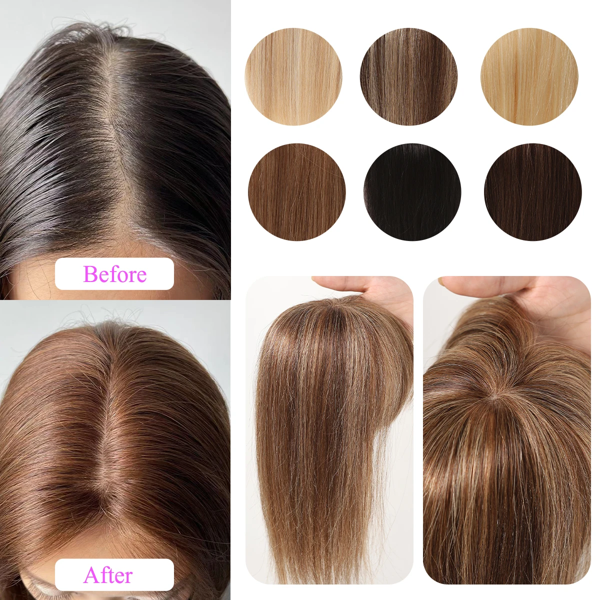 Brown Blonde Human Hair Toppers with Bangs Silk Base Clip in Toupee Hair Piece for Women Hair Loss 100% Remy Human Hairs Topper