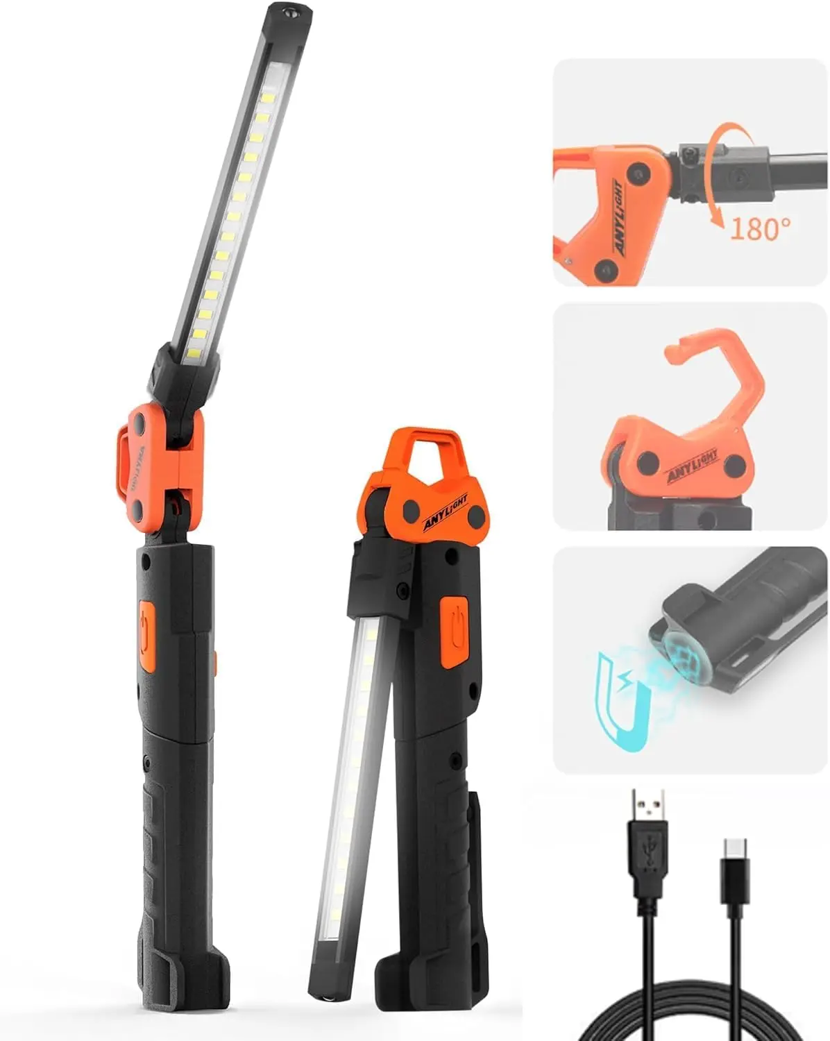 

Складной светодиодный рабочий фонарь 400 лм с 5 режимами, перезаряжаемый магнитный фонарик для ремонта автомобилей и кемпинга (2 шт.)