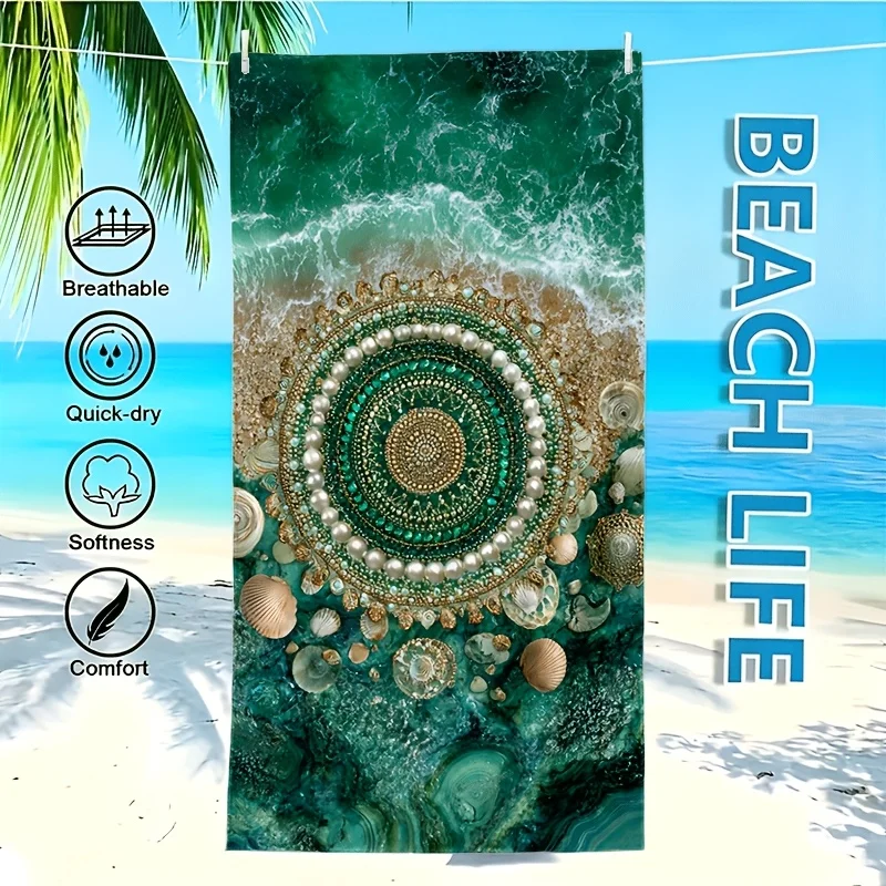 Boho Microfiber Beach Towel 1 Piece Set 2D Flat Printed Sandproof Waterproof Green Sea Pearl Shell Travel Pool Towel Holiday