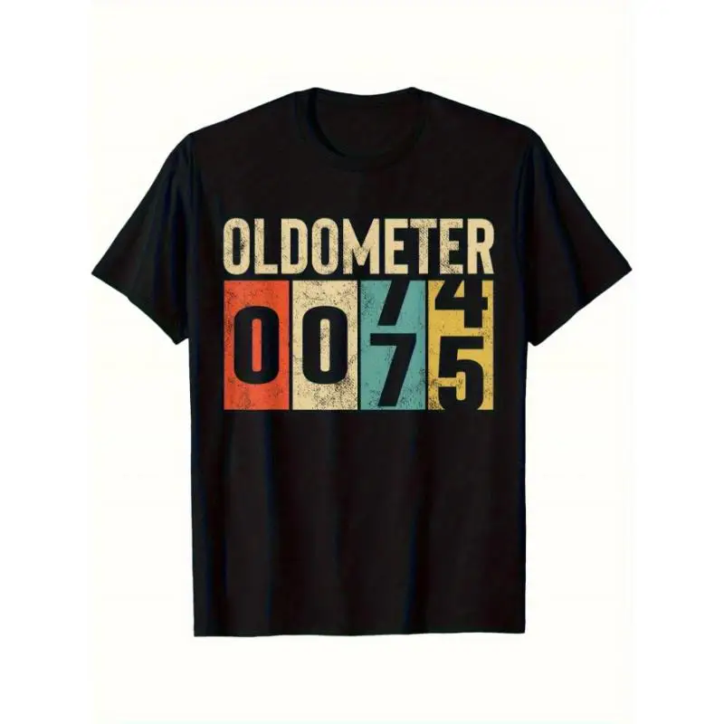 

Funny 75th Birthday T-shirt Men's Oldometer 0075 Print Retro Humor Graphic Tee Vintage Birthday Gift