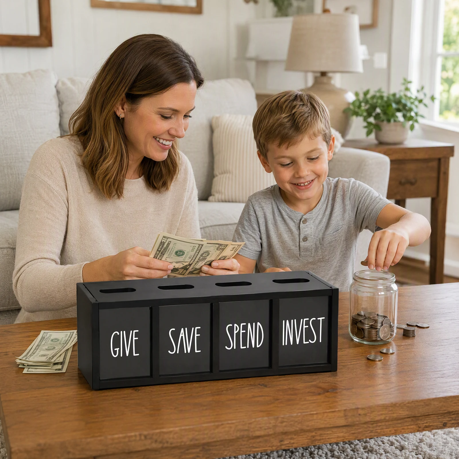 Wood Money Saving Box 4 Compartment Acrylic Window Kids Savings Bank Wall Mountable Magnetic Lid Non-slip