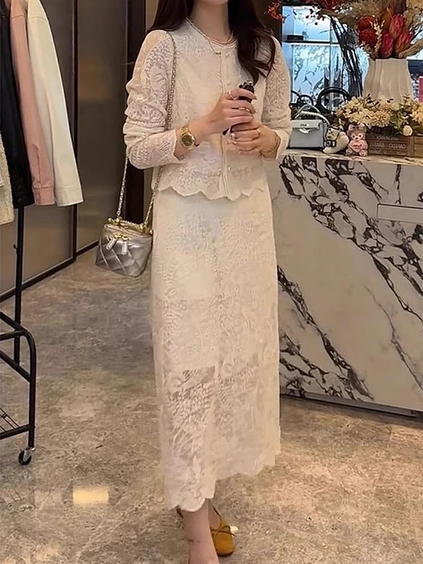 Fashionable Lace Top And Midi Skirt Set for Women Elegant Lady Style Two-Piece Suit Spring Autumn Winter New Arrival 2026
