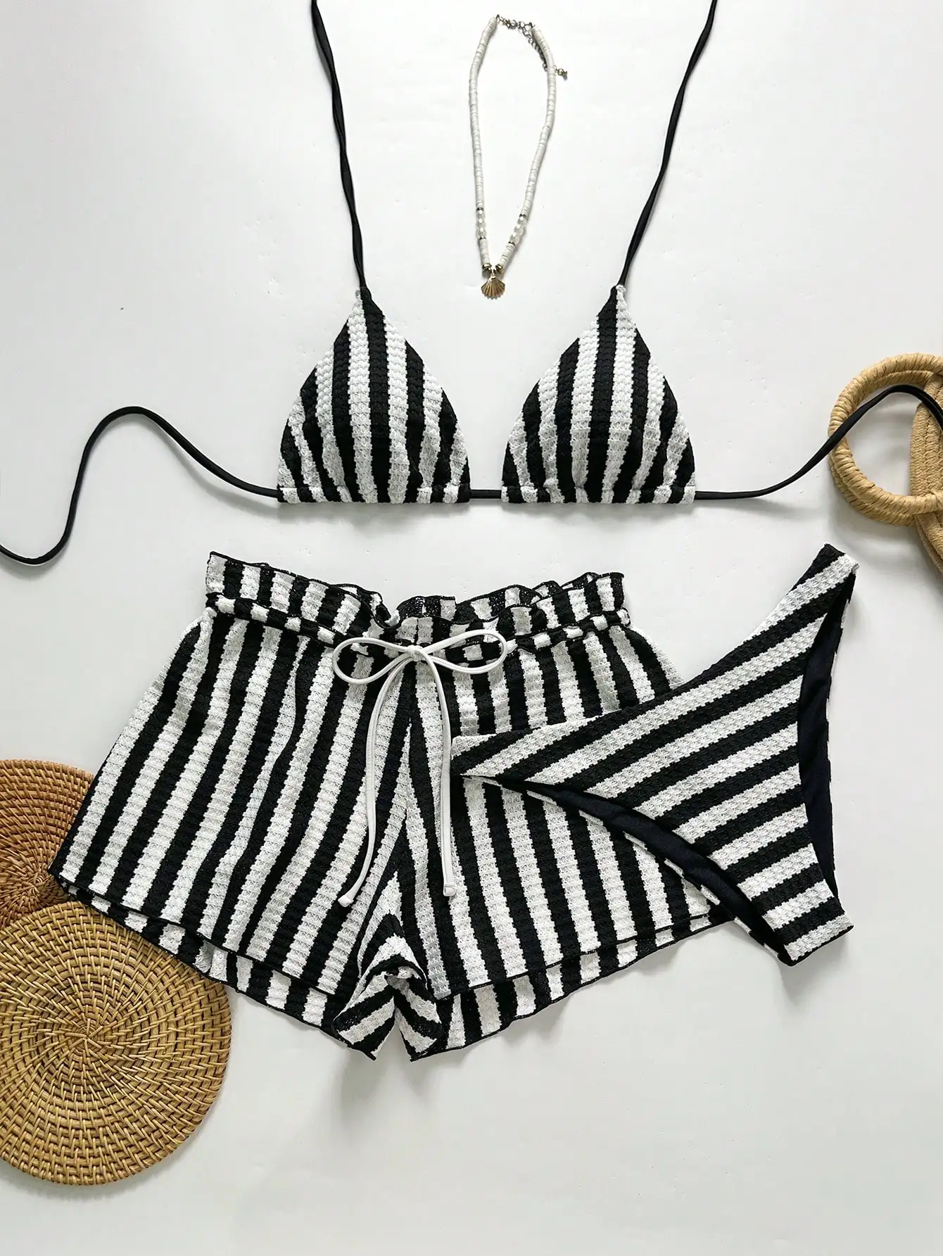 

Black And White Striped Triangle Bikini With High-Waisted Shorts And Wrap Cover-Up For Beach Holiday Vacation