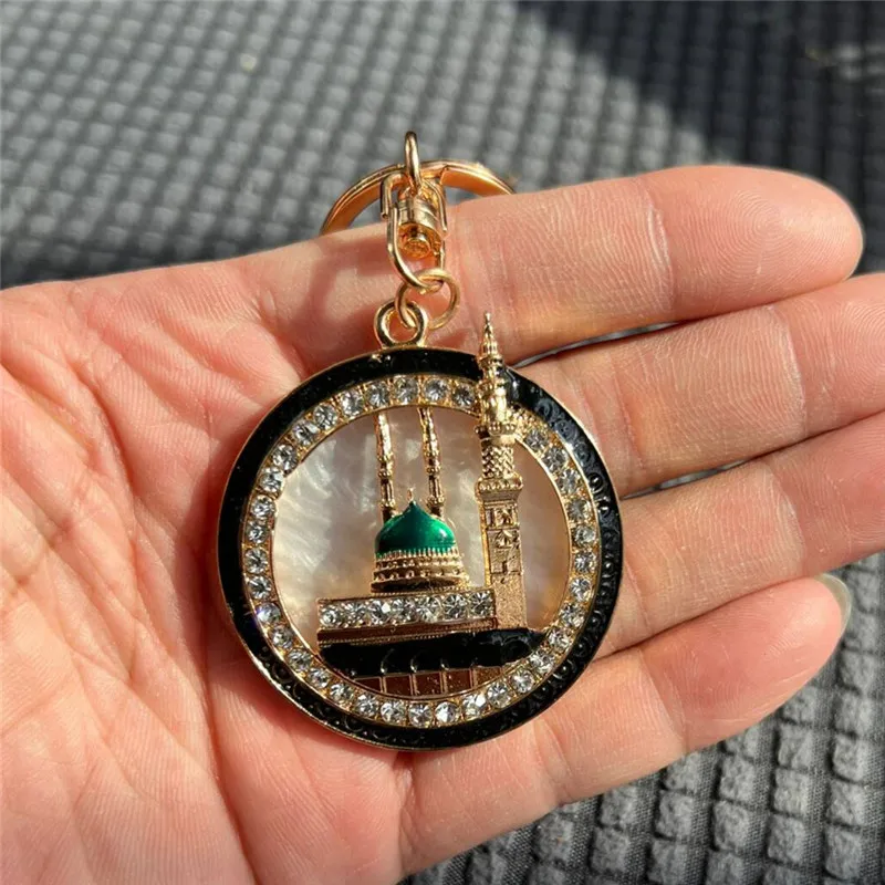 Exquisite and popular car pendant Arab keychain Muslim Mecca heavenly house keychain DIY gold-plated rhinestone keychain